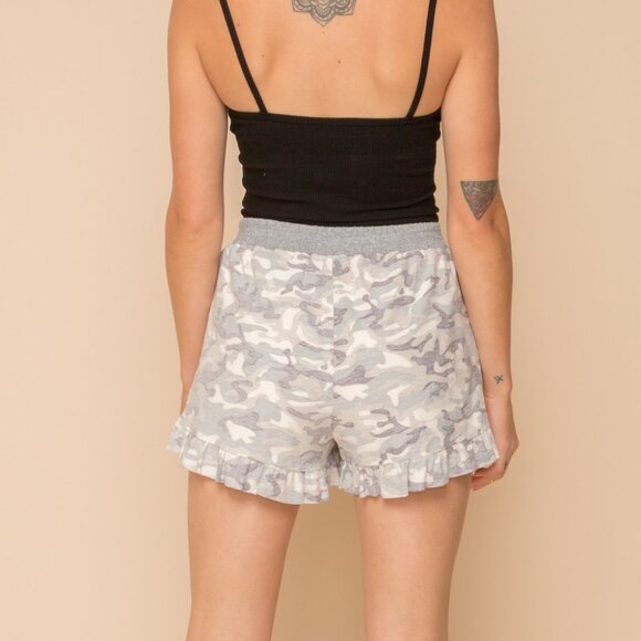 HEM & THREAD Gray Camo Ruffle Hem Lounge Shorts, Soft Elastic Waist Pull-On - Picture 6 of 7